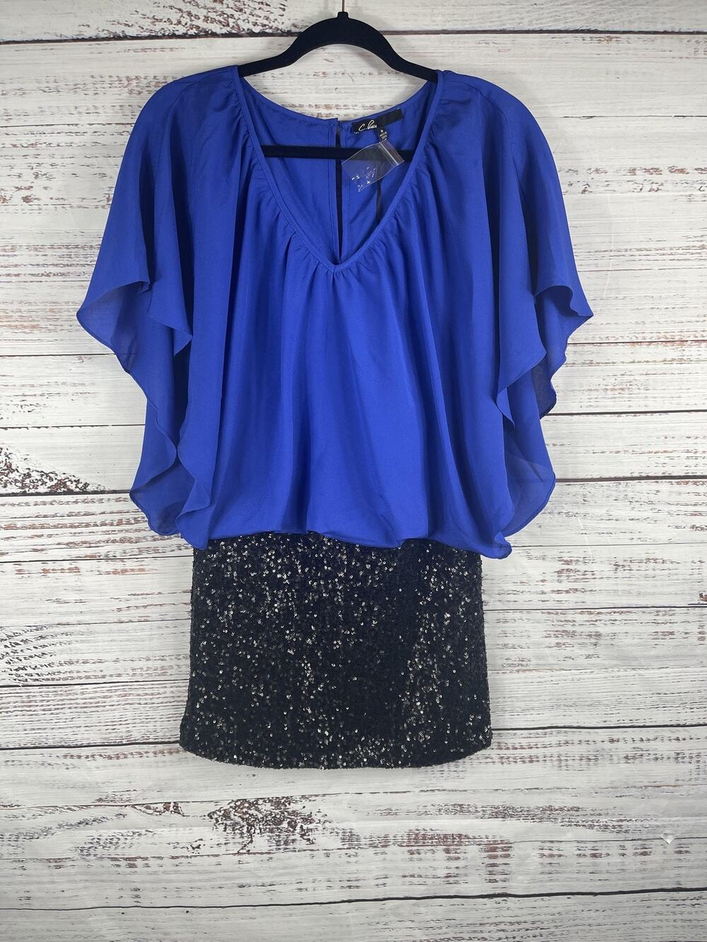 C Luce Dress Women's Size S Blue Black Sequin Mini Batwing Sleeve Party Cocktail
